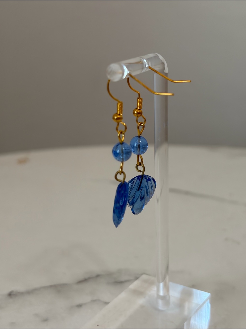 Blue Glass Leaf Earrings - Picture 6 of 7